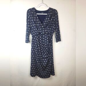 Garnet Hill Ruched Surplice Vneck Jersey Knit Printed Faux Wrap Dress Medium